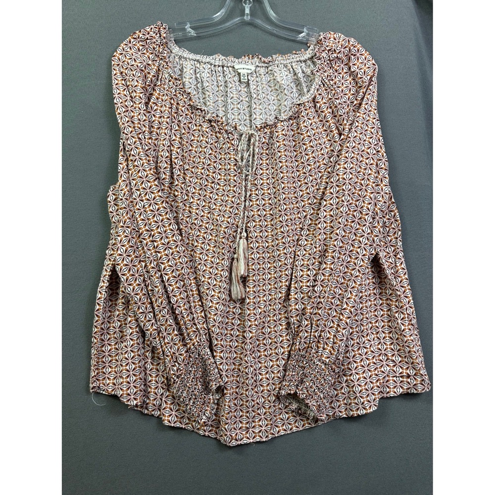 Max Studio Women Medium Geometric Floral Peasant Blouse Tassel Tie Smocked Cuff - Picture 2 of 12
